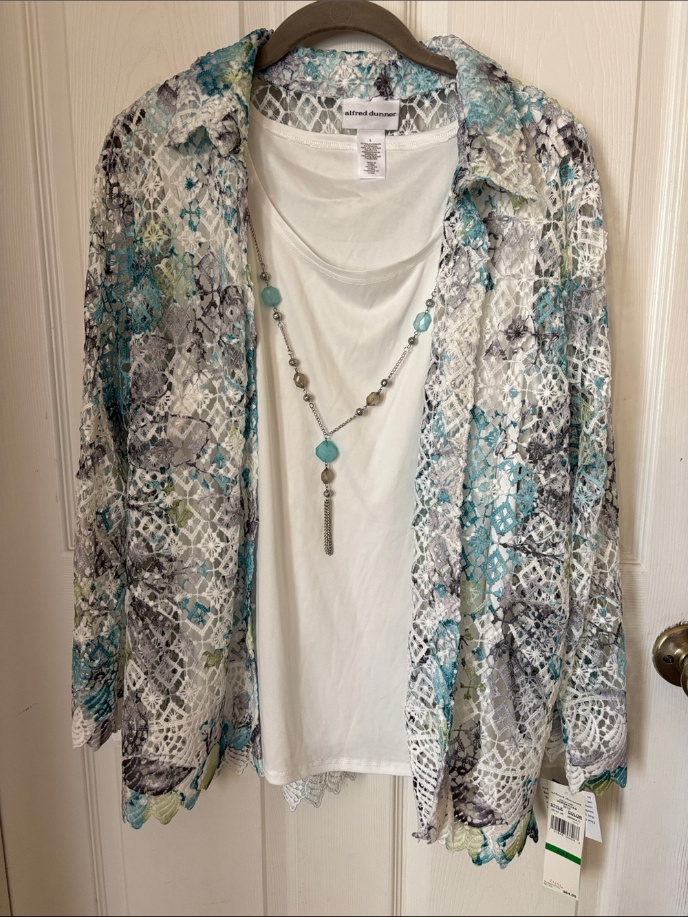 Alfred Dunner White Tee with Turquoise, Gray & Light Green Lace Overlay